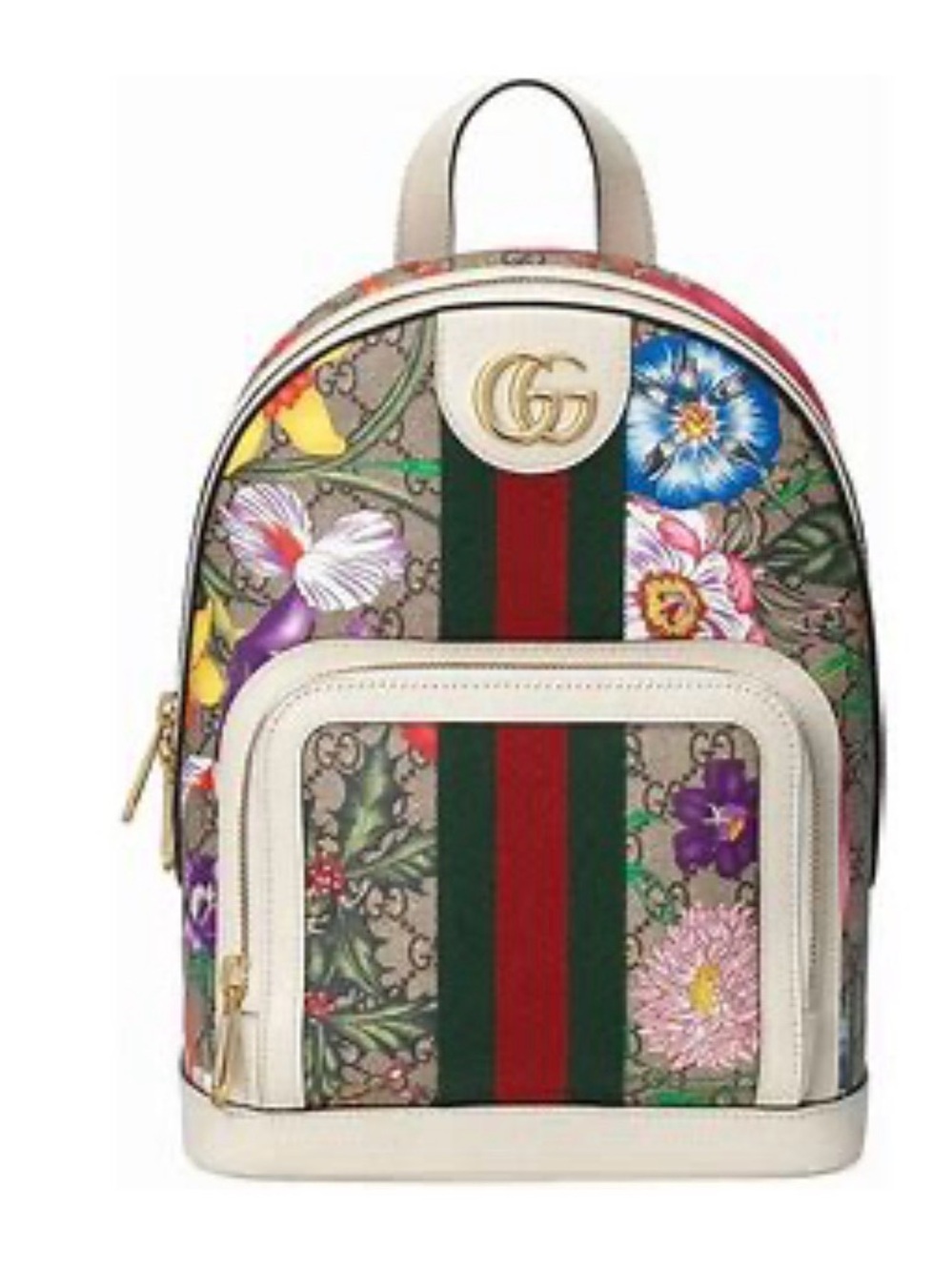 Gucci Beige Floral GG Supreme Mini Backpack with Red and Green Web